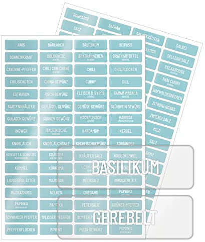 younikat Gewürze Aufkleber-Set I klare Folie I mit vorgedruckten Eigenschaften I 128 Sticker zum beschriften I selbstklebend I weiß I klare Gewürzetiketten I für die Küche I eckig I dv965