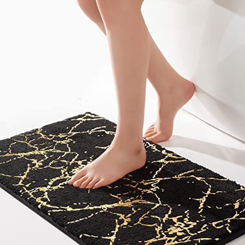 QJHOMO Black Bath Mat 50 x 80 cm Bathroom Mat Non Slip Bath Mats Gold Stripes Marble Rug Absorbent Microfiber Bathroom Rug Machine Washable Floor Carpet for Shower, Living Room, Bedroom