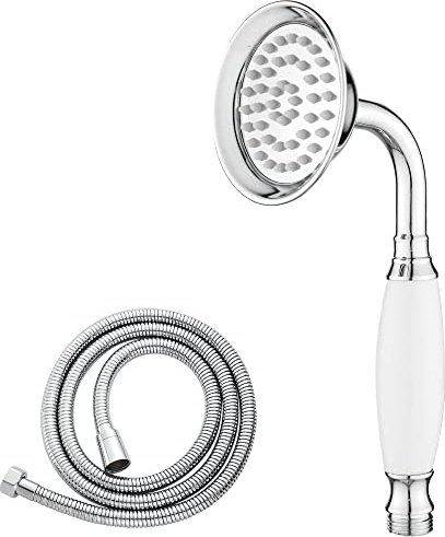 Maynosi Soffione doccia classico da bagno, doccia a mano tradizionale in stile telefono, doccia a mano retrò con maniglia in ceramica, doccia a pioggia vittoriana con tubo flessibile da 1.5M, Cromo-A
