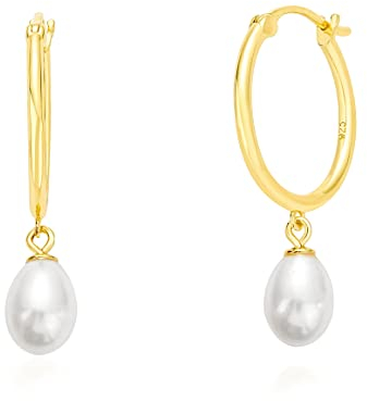 Brandlinger ® Perlen Ohrringe Silber 925. Creolen mit Perle (Süßwasserperle). Schmuck Damen vergoldet mit 18 Karat Gold für Frauen und Mädchen. Durchmesser der Creole 20mm.