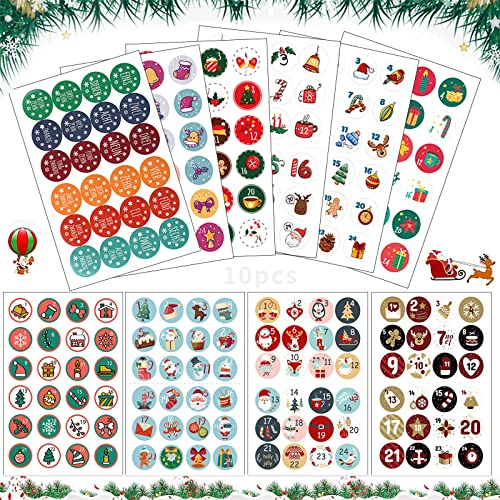 10pcs Aufkleber Weihnachten Adventskalender, Adventskalender Zahlen Aufkleben runde Zahlenaufkleber, Adventskalenders Zahlen Aufkleber, Weihnachten Zahlen Sticker zum Basteln und Dekorieren (A)