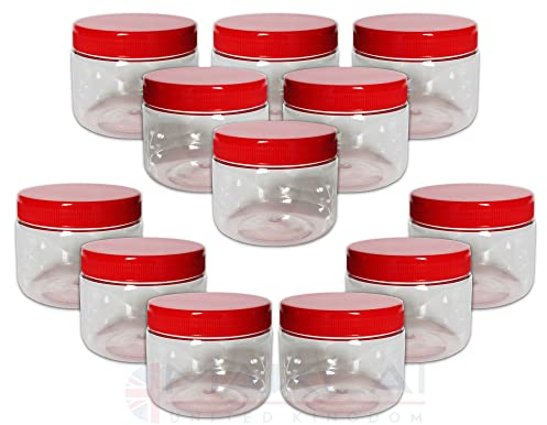 MKR PET Jars Transparent Plastic Storage Containers With Red Screw Top Lids. For Multi-Purpose Home Organisation, Food, Crafts, Powders, Herbs, Spices, Snacks (12 x 200ml)