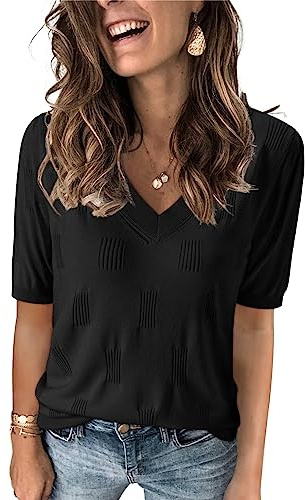 Arach&Cloz Short Sleevee Jumpers for Women Summer Tops Ladies Lightweight Knittted Shirts (Black, Medium)