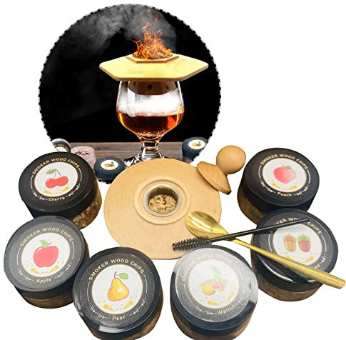 Kit de Ahumador de Cócteles, kit de Fumador de Bebidas de Whisky Antiguo con 6 Tipos de Astillas de Madera, Fumador de Whisky para Cócteles, Vino, Bourbon, Regalo para Amantes de Whisky