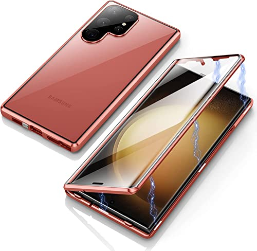 Hülle für Samsung Galaxy S23 Ultra 5G, Magnetische Metallrahmen Handyhülle 360 Grad Full Body Vorne hinten Gehärtetes Glas Schutzhülle Einteiliges Ultra Dünn Flip Transparente Cover