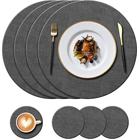 KERYCHIN 4 runde Platzsets aus Leder + 4 Untersetzer-Set, hitzebeständig, 100 °C, PU-Platzsets, rutschfest und waschbar, Dekorations-Zubehör für Zuhause, Hotel, Indoor, Outdoor, Esstisch, (Schwarz)