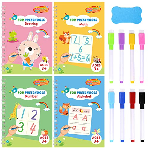 Larcenciel Handwriting Practice Books for Kids, 4 Pcs Wipe-Clean Books w/Pens and Whiteboard Eraser, Reusable Preschool Activity Children Learn to Write Book for Drawing, Math, Number, Alphabet