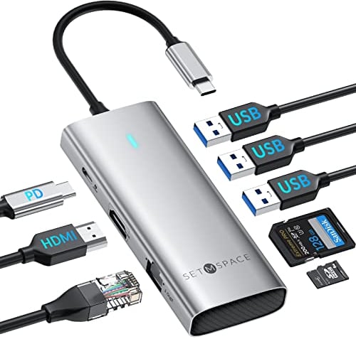 SETMSPACE Docking Station USB C, 8 en 1, para portátil, Tableta y teléfono, Hub con HDMI 4K 60Hz, Ethernet 1000M, PD 100W, Puerto USB 3.0, Lector de Tarjetas SD/Micro SD