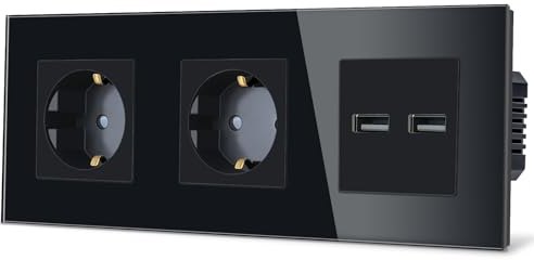 TAWOIA Schuko Enchufe de pared, 2 enchufes con doble USB 5 V x 3,1 A (máx. 15 W), marco de cristal empotrado, enchufe para, 16 A, enchufe con USB negro, 86 x 228 mm