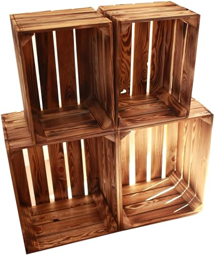 Teramico Vintage Obstkisten Geflammt |Weinkisten & Holzkisten| Ideal für Möbelbau DIY und Dekoration |Tolle Set-Angebote| (4er Set ohne Boden)