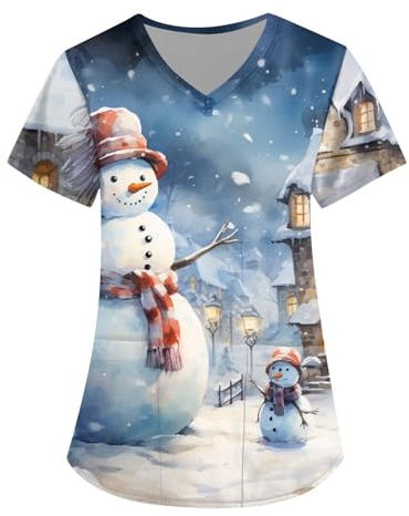 Krankenschwester Kleidung Damen Hochgeschlossen Kassaks Frauen Pflege Medizinische Berufskleidung Weihnachtsshirt Christmas Damen Pflege Kurzarm Weihnachten Krankenhaus Schlupfhemd(Himmelblau,L)