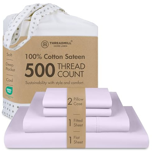 Threadmill Baumwoll-Bettwäsche für King-Size-Bett, 100 % Baumwolle, Fadenzahl 500, tiefe Tasche, eng anliegend, weich, kühlende Hotelqualität, 4-teiliges Set, Flieder