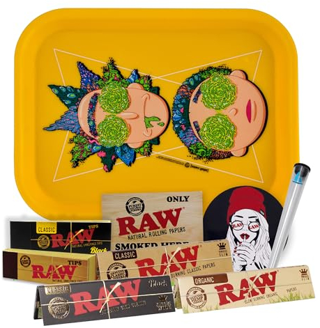 THE BOAT Regalo para Fumadores Bandeja para Liar Rick y Morty 25 x 19 cm + Papel Raw Organic, Black y Classic King Size + Tips + Pegatinas + Portacigarros – Producto Oficial.