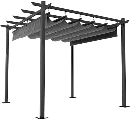 TRIUMPHKEY Pergola de Jardin 3 x 3 m avec Toit rétractable, pergola en Aluminium avec Tissu imperméable et résistant aux Rayons UV, Convient pour Les patios et terrasses Gris