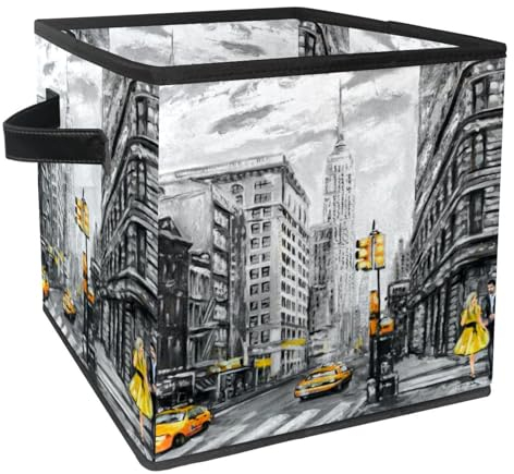 VAPOKF Faltbare Aufbewahrungsbox, Stoff-Aufbewahrungskorb, Würfel, Organizer, Behälter mit Griffen für Spielzeug, Kleidung, Bücher, Schrank, Schlafzimmer, Zuhause - Ölgemälde New York Street, snh-003
