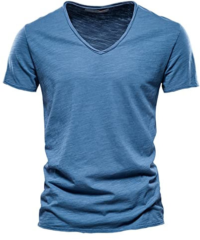 2024 AI - Herrenmode lässig einfarbig Baumwolle V-Ausschnitt Kurzarm T-Shirt Top Tischset Holz (Blue, XXXL)