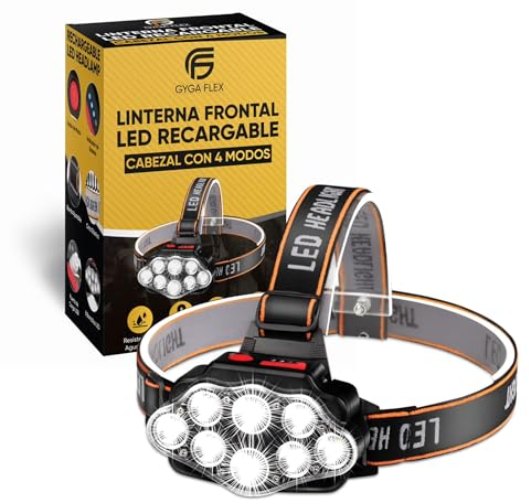 GygaFlex © Linterna Frontal LED Recargable |Alta Potencia Con 4 Modos | Frontal Trail Running | Alcance 100 Metros Impermeable IPX20 | Para Casco Bicicleta Cabeza Trabajo Pesca Camping y Caza