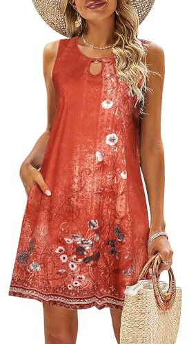 VEUNCOS T Shirt Kleider Damen Loose Fit mit Taschen Lässig Strandkleid Ärmellose Cover Ups für Badebekleidung Rote Blume S
