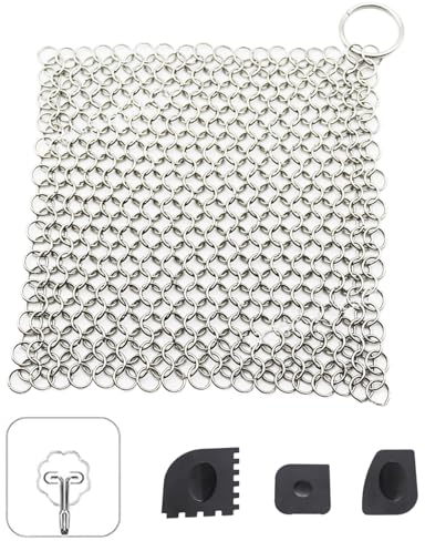 HAPPOW Ringreiniger für Dutch Oven, Gusseisen Reiniger mit 3 Schabern und 1 Selbstklebendem Haken, 316 Edelstahl Dutch Oven Reiniger, Chainmail Ringreiniger Zubehör für Petromax Pfanne Grillpfannen