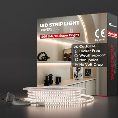 Shine Decor LED Streifen 15m, AC 220V 230V IP65 Wasserdicht LED Band, SMD 2835 120 leds/m Ultrahohe Helligkeit Lichtleiste für Home Decoration Küche Garten LED Beleuchtung (15M, Neutralweiß)