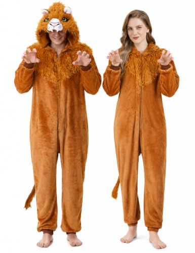 KUKIKUKI Costume de Lion Adulte Animal Onepiece Unisex Lion Pajamas Halloween Party Onesie Cosplay Dress Up Jumpsuit for Men Women