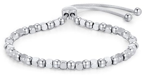 FLHEART Armband Silber Damen Edelstahl - Verstellbare Silbernes Kugelarmband mit Runden und Eckigen Bead, Silber Armbänder mit Herzverschluss, Geburtstag Geschenke Schmuck für Frauen Mädchen Freundin