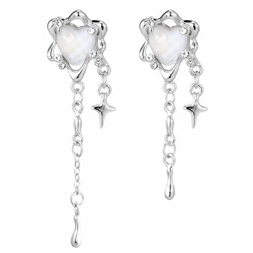 1 Paar Silber Längen Asymmetrische Ohrringe,Cute Ohrringe Teenager Mädchen mit Legierung Stern Wassertropfen Anhänger und Kristall Herzform,Quasten Stern Herz Earrings,für Damen Männer