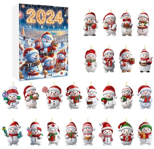 Schneemann Adventskalender 2024, Weihnachten Urlaub Adventskalender, Weihnachtsbaum 2D Acryl Schneemann Anhänger Dekorationen Weihnachten 2024, 24 Tage Countdown Überraschung Weihnachten Sammlerstück
