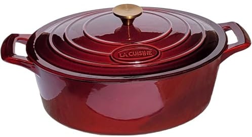 La Cuisine - Cacerola ovalada de hierro fundido esmaltado, con tapa, revestimiento interior de esmalte negro mate, 5 l, mango de acero inoxidable chapado en oro, apta para horno