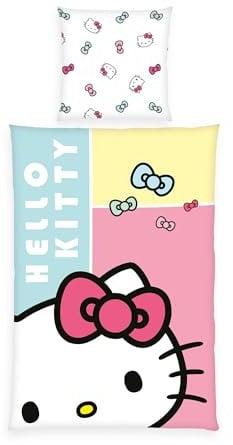Herding Bettwäsche Hello Kitty, Kopfkissenbezug ca. 80 x 80 cm, Bettbezug ca. 135 x 200 cm, Mit Reißverschluss und Wendemotiv, 100% Baumwolle/Renforcé
