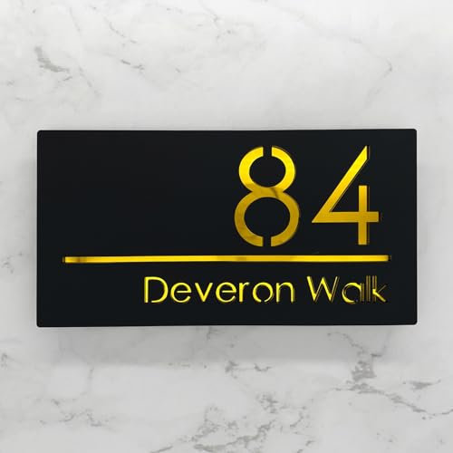 House Numbers Plaques Door Plaques Door Number For Wall House Floating House Sign Laser Cut Floating House Sign (Matt Black & Gold Text)