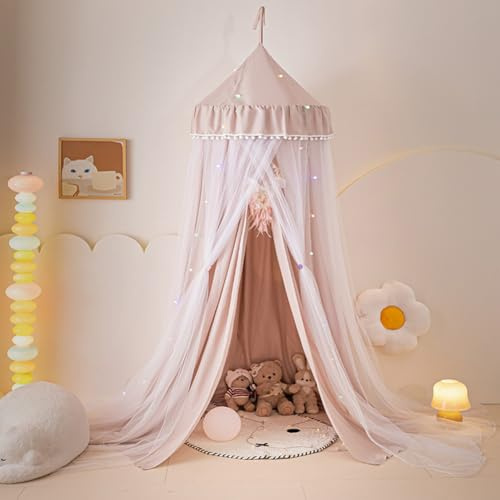 Lsimeru Rüschen Doppelschicht Betthimmel Babybett Verdunkelung Taupe Mädchen Prinzessin Runder Kuppel Himmelbett Kinderbett Vorhang Bettvorhang Kinder Baby Moskitonnetz Mückennetz Zelt