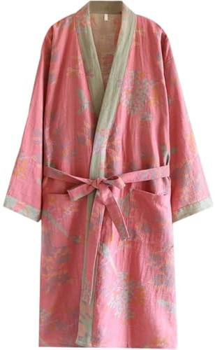 Japanischer Stil Aus Reiner Baumwolle, Frühlings-Bademantel, Lässiger Kimono-Robe, Halblanges Nachthemd Bindegürtel Für Damen