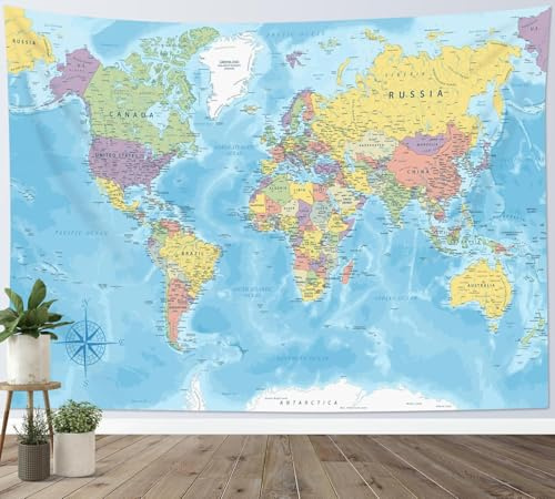 Wandteppich Weltkarte 220x240 cm Groß Wandteppiche Blau 3d Druck Wandbehang Tapisserie Wandtuch für Wohnzimmer Schlafzimmer Wohnheim Wanddeko a-4211