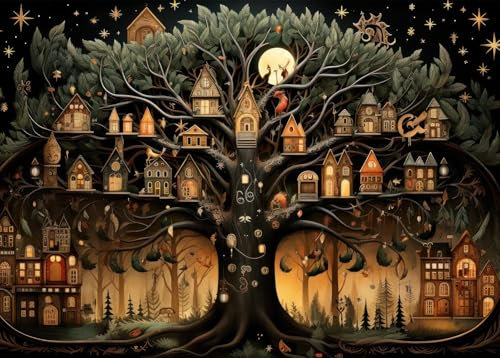 Bullglesup Puzzles for Adults 1000 Pieces, Treehouse at Night Jigsaw with Poster Letter on Back, Unique Pieces Fit Well No Dust (27.5x19.6)