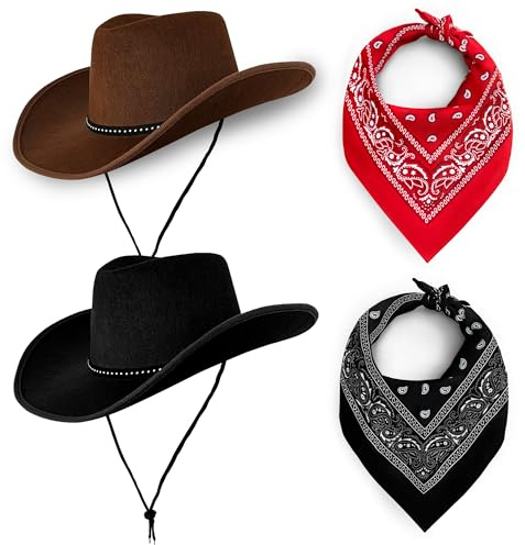 Cowboy Hats Pack of 2 Unisex Felt Western Hats & Bandanas (1 Black Hat & 1 Brown Hat + 1 Black 1 Red Bandanas) Texas Texan Costume Accessories for Men, Women, Adults Wild West Fancy Dress Party