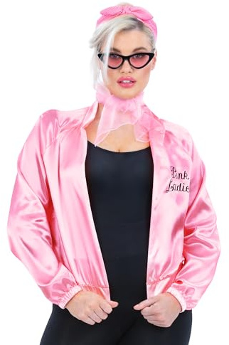 Smiffys Grease Pink Ladies Jacket & Accessories for Women, Official Licensed 1950s Fancy Dress Costume, Satin Jacket, Polka Dot Headband, Scarf, Sunglasses for Rock n Roll Parties, Halloween