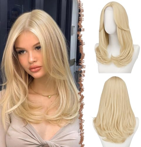 FESHFEN Lace Front Perücke Blond Damen, Kunsthaar Perücken Pony | 45 cm Natürlicher Look Synthetik Hitzebeständigen Haarperücke, Gesichtsrahmender Stufenschnitt, für Tägliche Karneval Cosplay