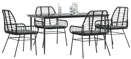 Mandloder 5-TLG. Garten-Essgruppe Schwarz aus Poly Rattan mit Glasplatte, 160x80x74 cm Tisch, 4 Stühle, 4 Kissen für Terrasse, Balkon, Essbereich im Freien