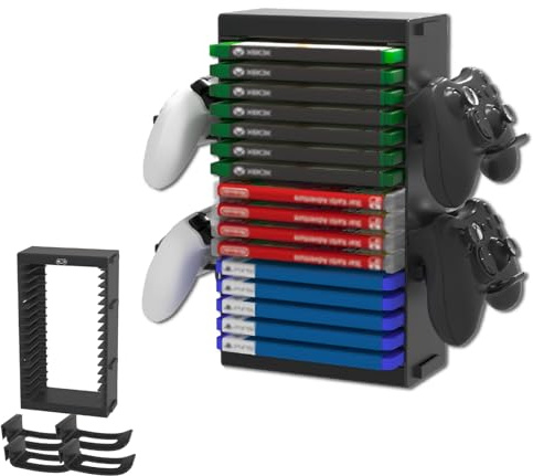 SOONHUA Tour Rangement Jeux Vidéo Support Manettes Compatible PS5 PS4 | Support de rangement avec 4 porte-manettes pour consoles compatibles Switch, Xbox et disques de jeu