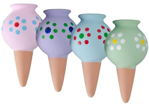 Monwssoe Pointes de Plantes à arrosage Automatique, Paquet de 4 Pointes d'arrosage en Terre Cuite à Pois colorés, piquets Plantes décoratifs pour en Pot d'intérieur