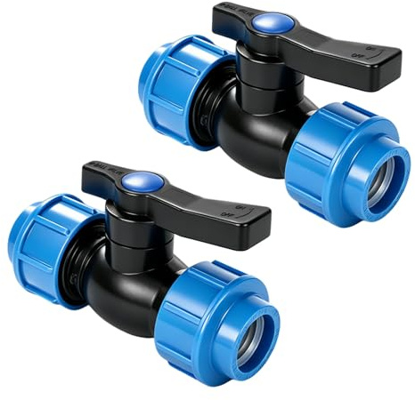 YHNDECO 2 Stück PE Rohr Kugelhahn, 25mm PE-Fitting Kugelhahn | PE Rohr Kugelhahn Kunststoff Klemmverbinder, 2 Wege PP Absperrhahn Kupplung, Kugelventil Absperrventil für Verlege