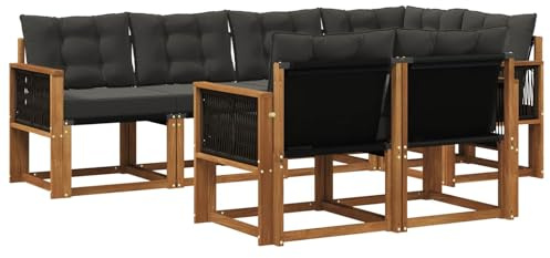 vidaXL Outdoor-Sofagarnitur mit Kissen 7 pcs Natürlich und Schwarz, Moderner Outdoor-Sofa, strapazierfähige Gartenmöbel, Lounge für Terrasse, Komfortables Sitz-Set