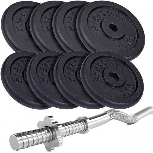 ScSPORTS® Hantelset - Curlstange, 120 cm, mit Gewinde, Stahl, Hantelscheiben 15/20/28/40/60 kg, Gusseisen, Schwarz, Stern-/Federverschluss (60 kg (4 x 10 + 4 x 5))