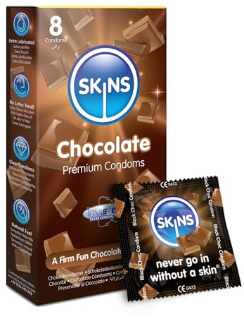 Skins Chocolate Flavoured Condoms Thin Extra Feel, 8 Pack of Premium Skins Flavoureds Extra Safe Pleasure Condom for Adults, Ultra Thin for Oral Extra Pleasure