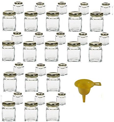Viva Haushaltswaren G1140050/32T/X - Mini-vasetti per marmellata con Tappo, 32 Pezzi, capacità: 50 ml, Imbuto Incluso, Colore Tappo: Dorato, Colore Imbuto: Giallo