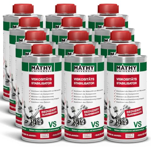 MATHY-VS Viskositäts-Stabilisator für Motoröle, 12x 250 ml, Motoröl-Additiv | Öl-Zusatz für Diesel- & Benzinmotoren, Reduziert Ölverbrauch im Motor, Stabilisiert Öldruck, Minimiert Ölverbrennung