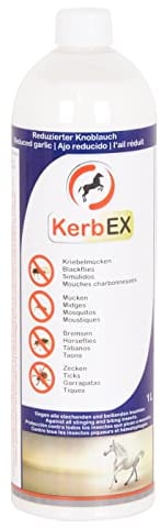 KerbEX blau Insektenabwehrmittel für Pferde bei mittlerem Insektenbefall – Mit reduziertem Knoblauch, langanhaltender Schutz gegen Bremsen, Mücken, Kriebelmücken und Zecken – 1L