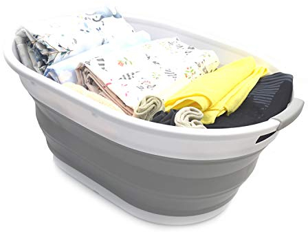 SAMMART 28L Faltbarer Wäschekorb aus Kunststoff - Ovale Wanne/Korb - Faltbarer Aufbewahrungsbehälter/Organizer - Tragbarer Waschtrog - Platzsparender Wäschekorb Wasserkapazität 22L (Grau)