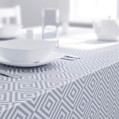 Dehaus® Wipe Clean Table Cloth - Grey Geo Diamond - Wipeable PVC Oilcloth Table Cover - Rectangular Plastic Vinyl Tablecloth - Water Resistant Easy Clean - Kitchen Dining Protector (140 x 250cm)
